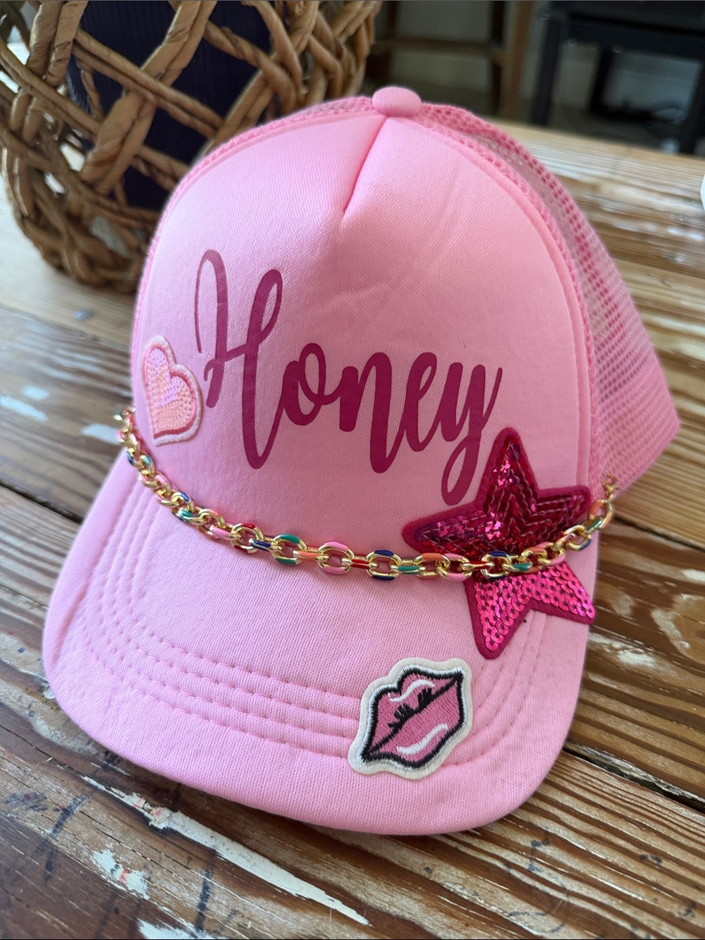 Honey Pink Trucker Hat with Chain & Patches